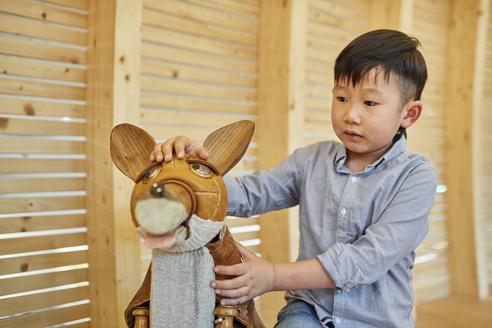 Junge mit einem der Ausstellungstiere in der Kinderwelt Anoha