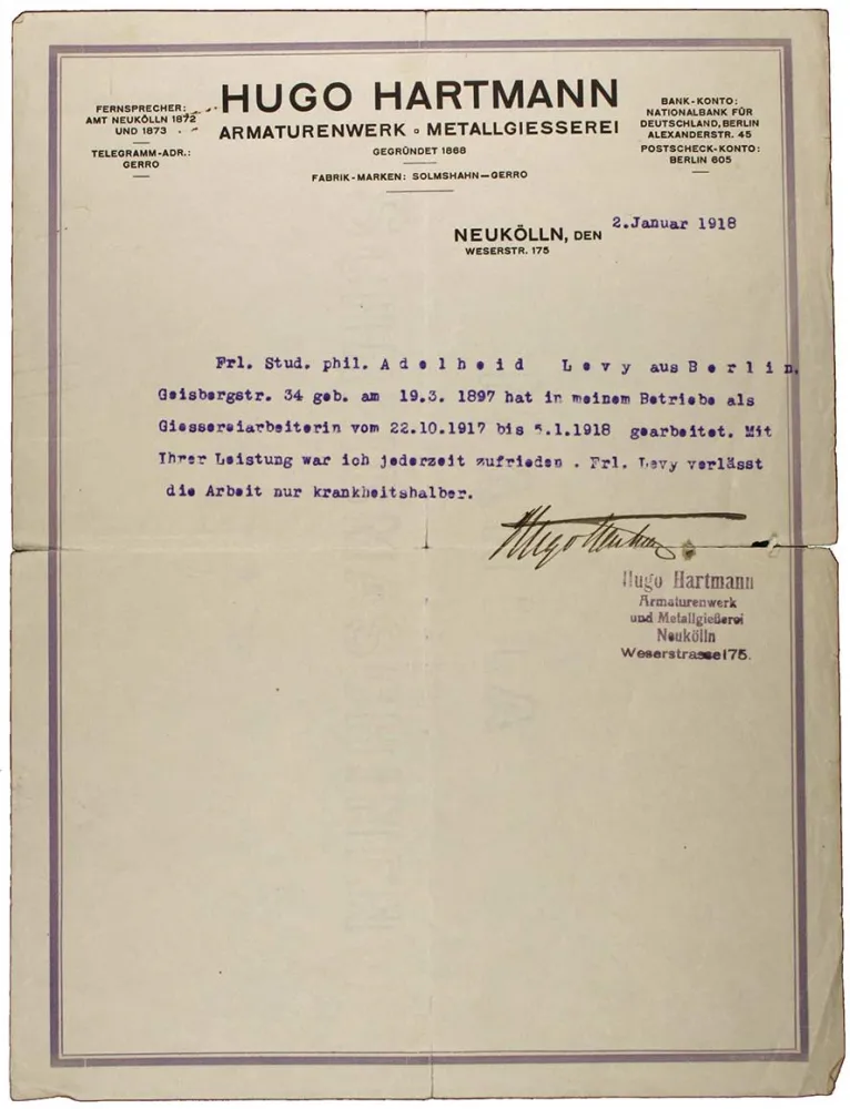 A typewritten reference with letterhead and handwritten signature of Hugo Hartmann, he was "satisfied at all times. Miss Levy leaves work only because of illness."