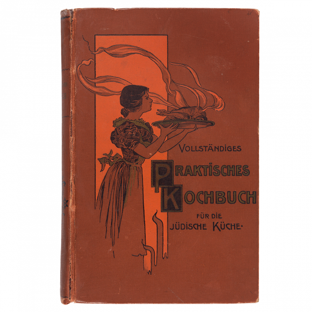 Book cover with drawing of woman carrying serving plate with steaming chicken