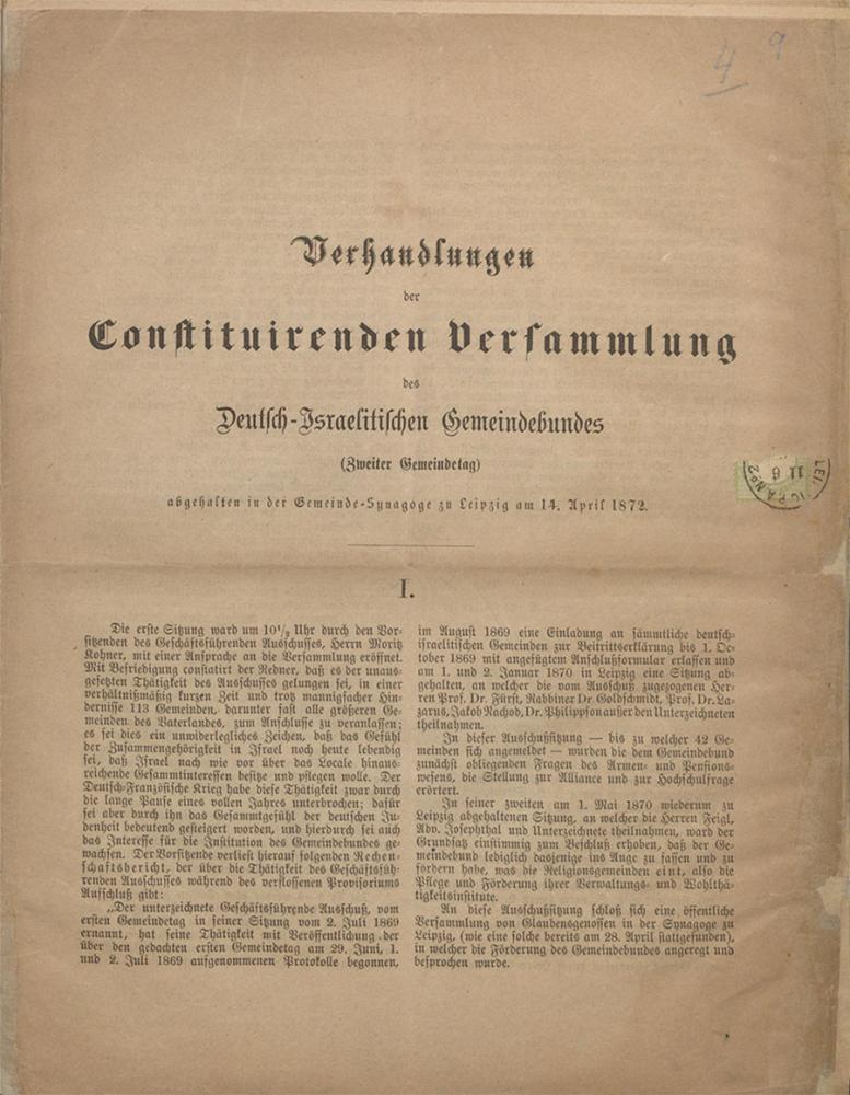 Title page of Verhandlungen der Constituirenden Versammlung des Deutsch-Israelitischen Gemeindebundes.