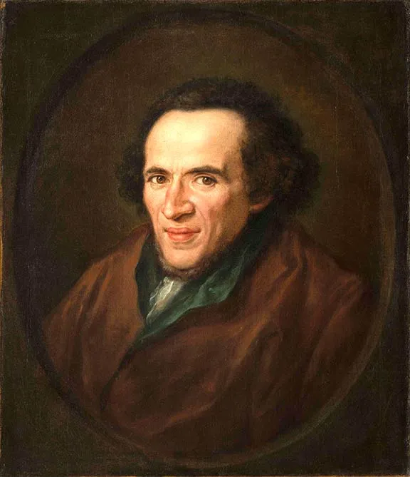 Oil painting: portrait of Moses Mendelssohn depicted in half profile in a painted oval frame, eyes are directed to the viewers.