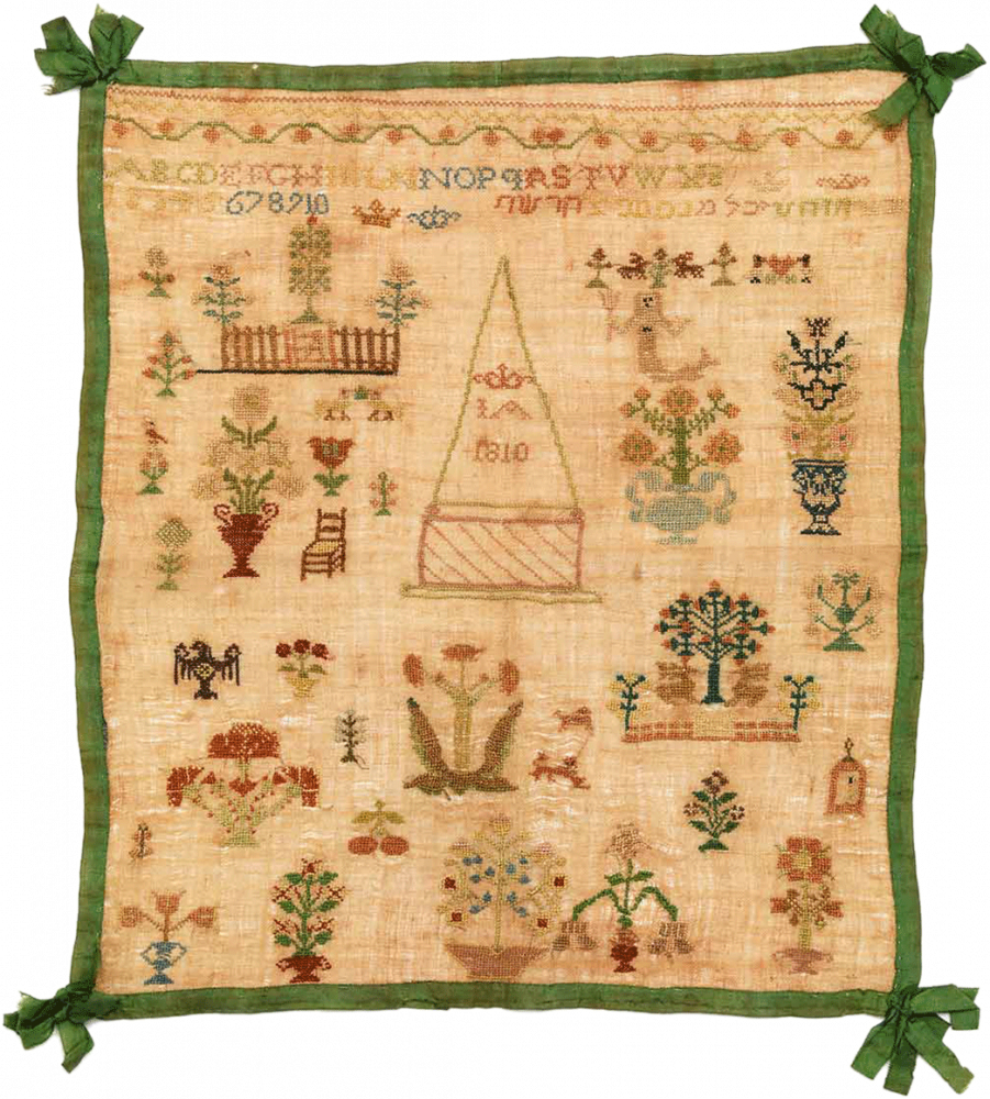 A sampler embroidered with floral motifs as well as the letters of the Roman and Hebrew alphabets