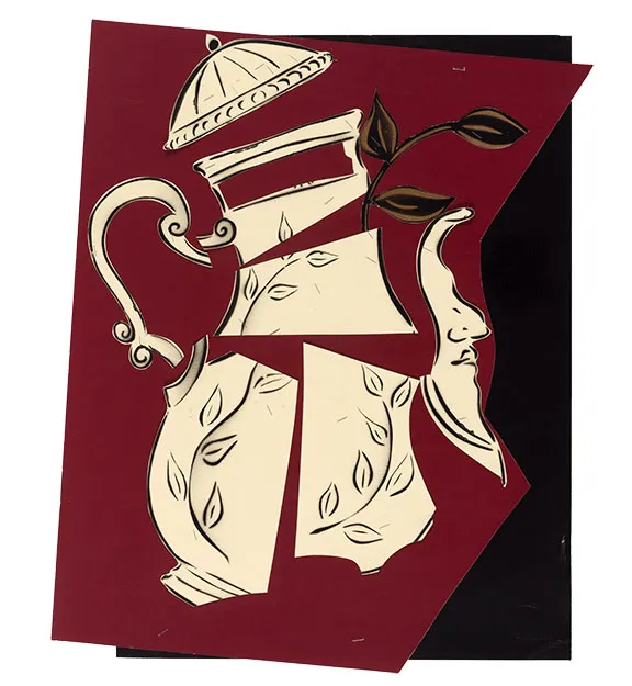 Collage: A beige jug with a lid is disassembled into larger individual parts. A black and gold-colored plant tendril grows from an upper part of the jug. A face appears in profile on the right-hand side (as part of the jug).