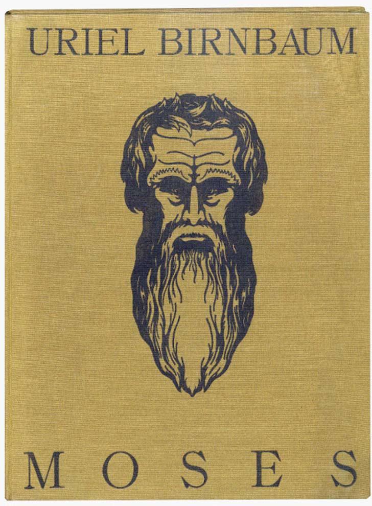 Buchcover von „Moses“ von Uriel Birnbaum mit großer Zeichnung eines Gesichts mit langem Bart