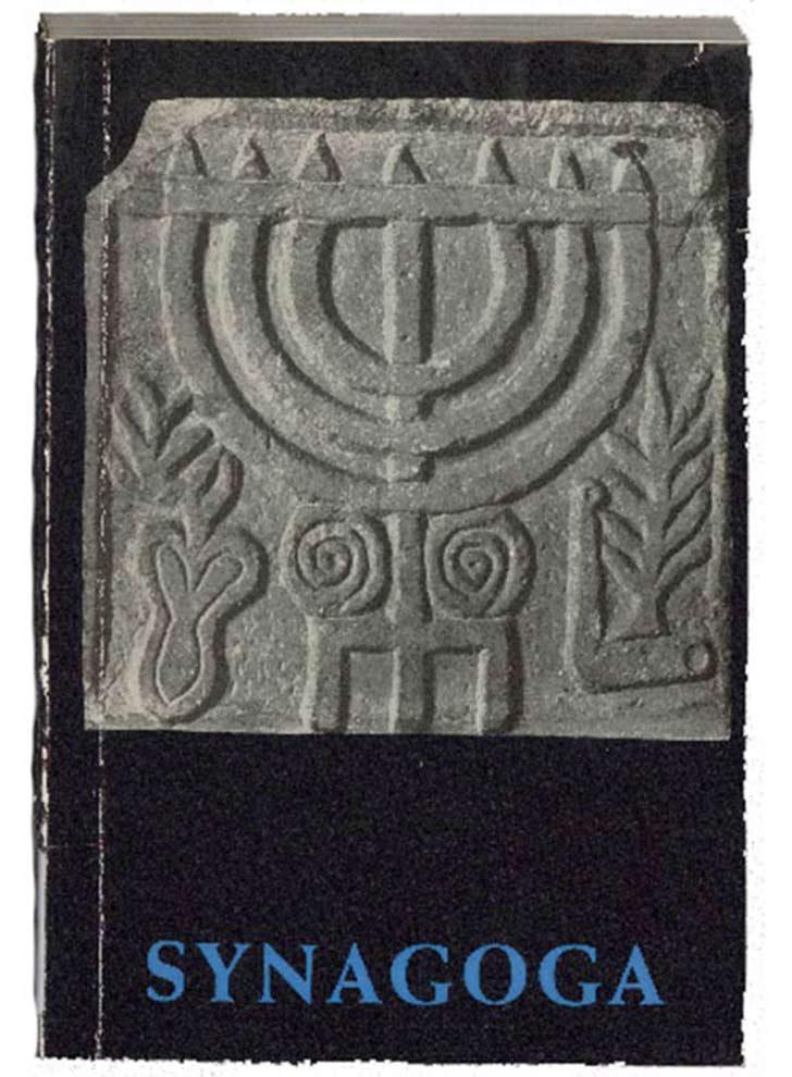 Book cover with image of a menorah stone relief, below the book title “Synagoga”