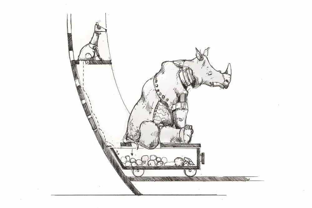 Entwurfzeichnung eines Nashorns, das in einen Kasten auf Rädern kotet