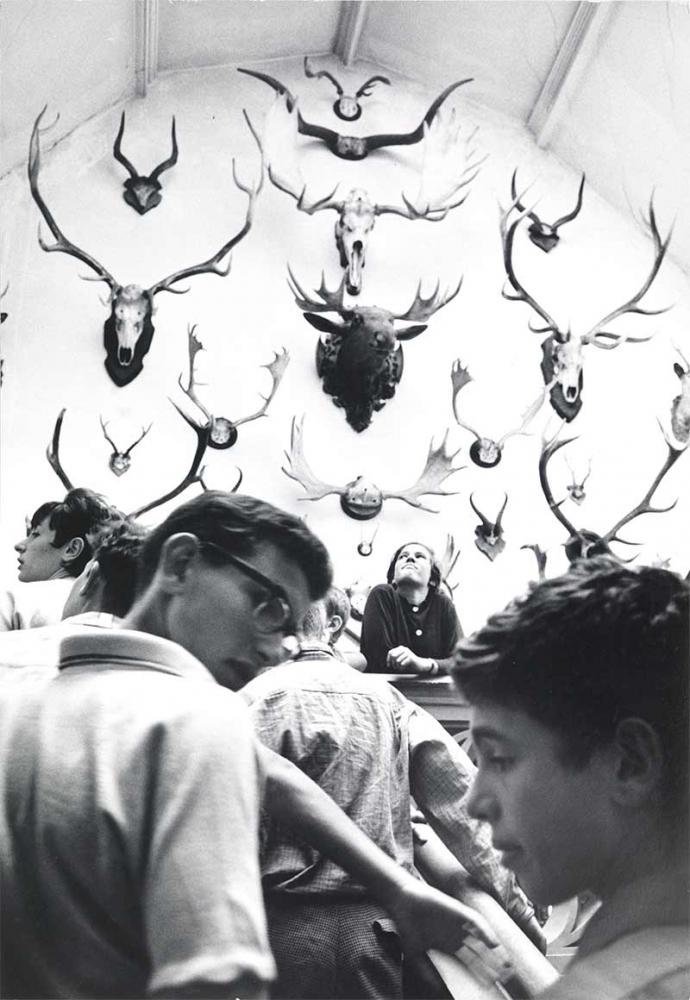 Black and white photograph: View of a group of young people on a staircase in a bright, high room with a rounded vaulted ceiling. Numerous antlers of various animals hang on the wall in the background, framing a stuffed moose head with antlers.