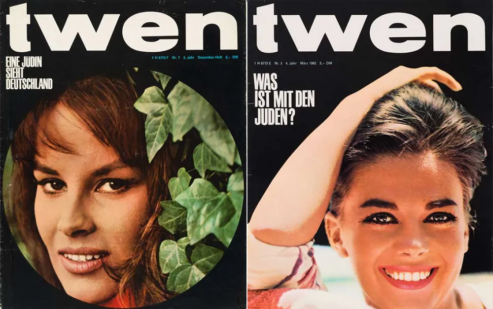 Zwei farbige Zeitschriftencover, die mit „Twen“ und dem Text des jeweiligen Aufmachers beschriftet sind. Auf jedem der Cover ist außerdem ein großformatiges Porträt einer Frau abgebildet, beide ähneln sich insofern, dass sie jung, brünett und braunäugig sind.