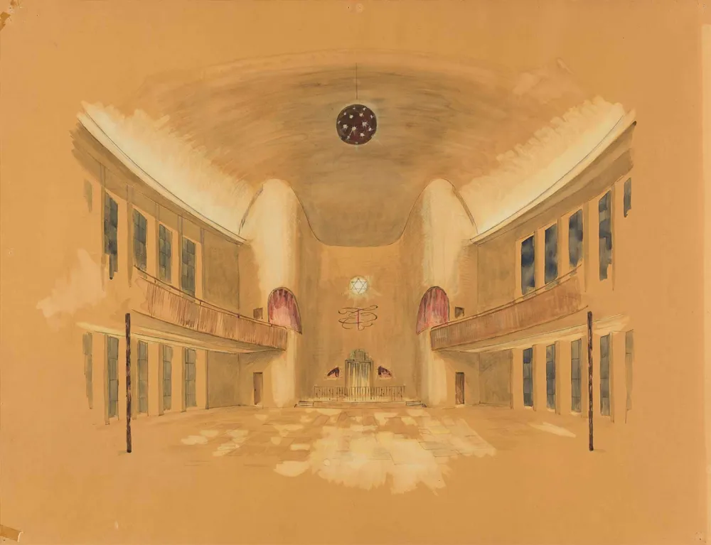 Kolorierte Zeichnung auf braunem Papier. Frontaler Blick in den im Bild weiträumig erscheinenden unmöblierten Innenraum der Synagoge in Richtung Tora-Schrein.