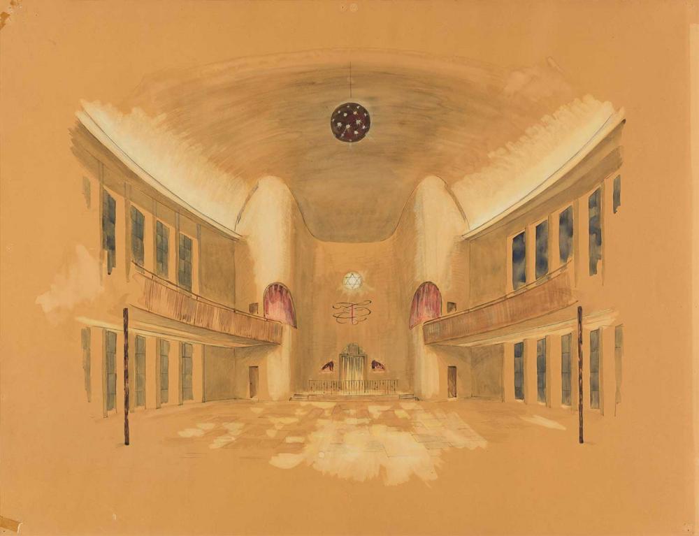 Colored drawing on brown paper. A frontal view of the interior, which appears spacious and unfurnished, looking toward the Torah ark.