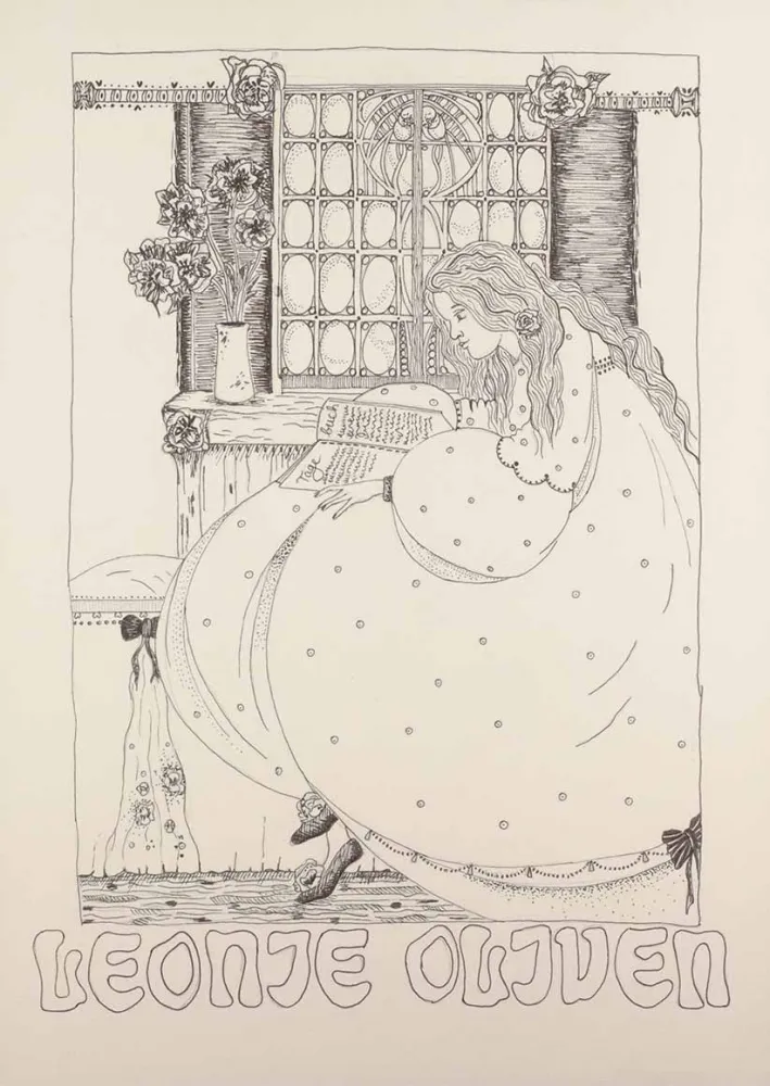 Drawing of a young woman leafing through a diary. She is sitting inside in front of a window