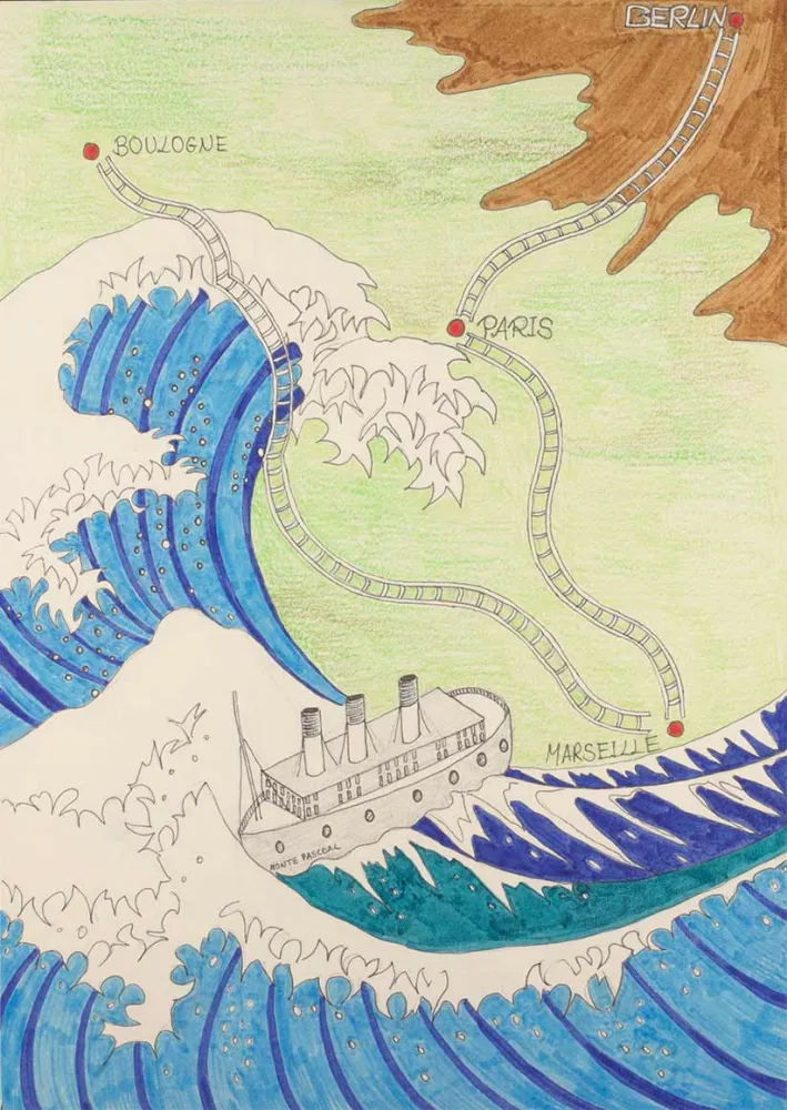 On the lower left in the foreground of the picture is a huge drawn wave threatening a small ship below it. Further up is a section of Europe with railroad tracks drawn in, they connect the stations of Berlin, Paris, Marseille and Boulogne