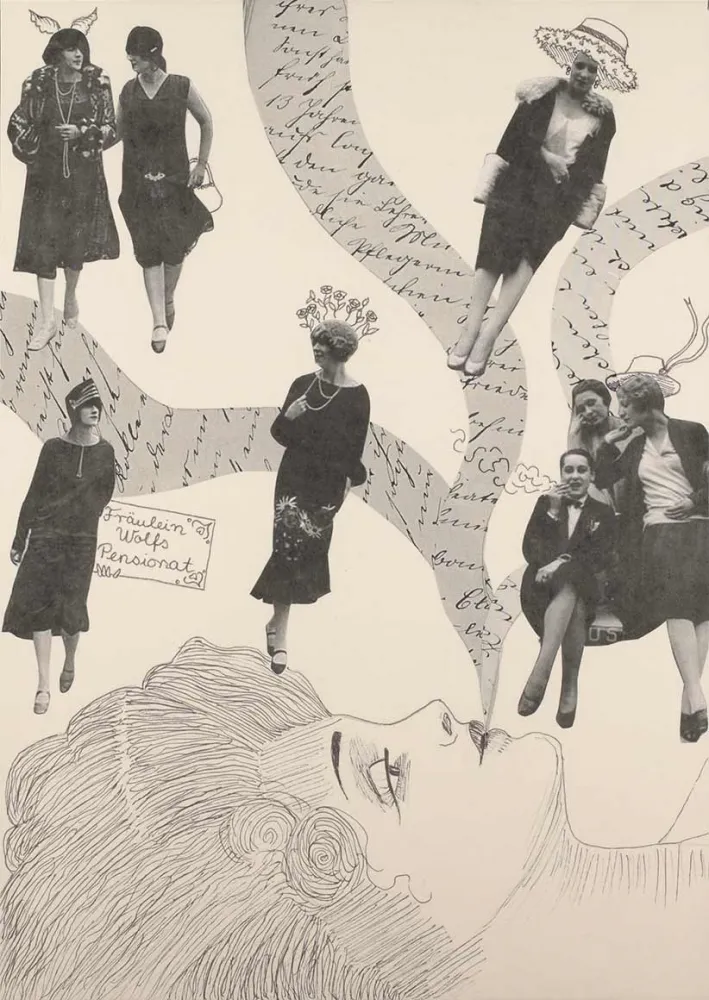 At the bottom of the image, the face of a reclining woman is drawn in profile. From her mouth flow pasted text elements, around which are grouped in the upper part of the artwork pasted fashion photographs of young women