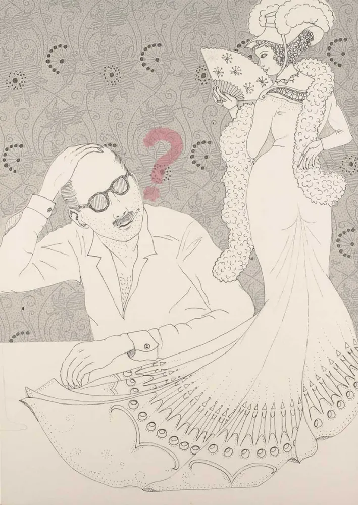 On the right side of the picture you can see a drawn woman in a chic dress with a fan from behind, she is looking down over her left shoulder at a drawn man who is stroking his head with his hand