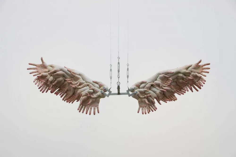 Floating sculpture of decapitated fleshy white hands and arms form together to create an replica of feathered wings