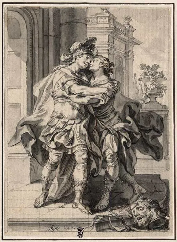 Drawing of two men embracing; at the bottom edge is the decapitated head of Goliath, whom David has just defeated