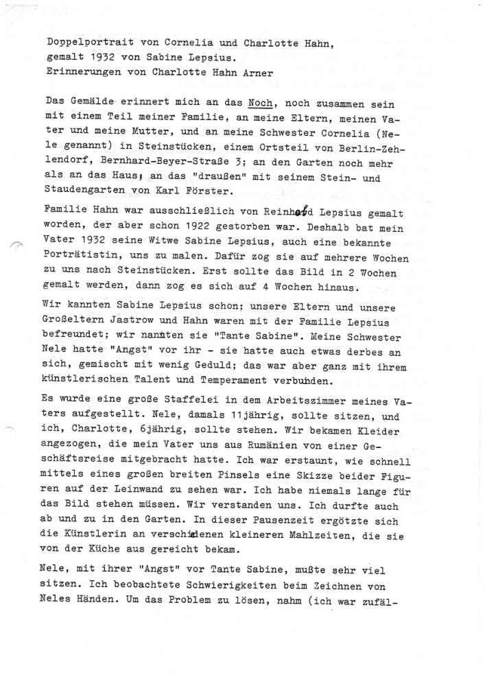 Text in Schreibmaschinenschrift der Erinnerung zur Entstehung des Doppelporträts