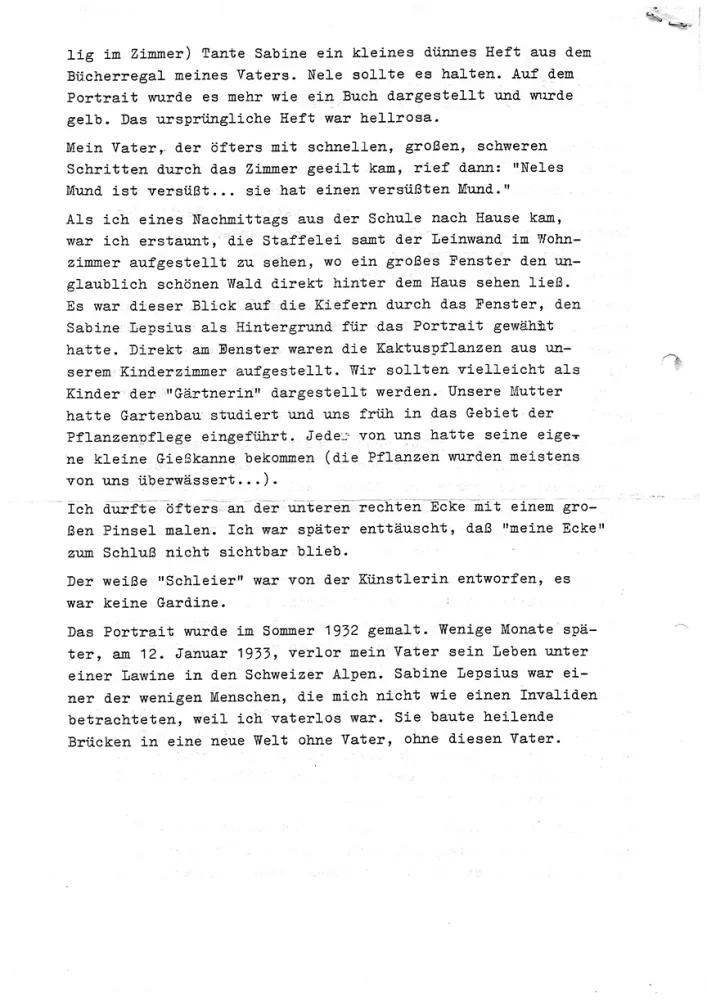 Text in typewriter font of memory about the creation of the double portrait