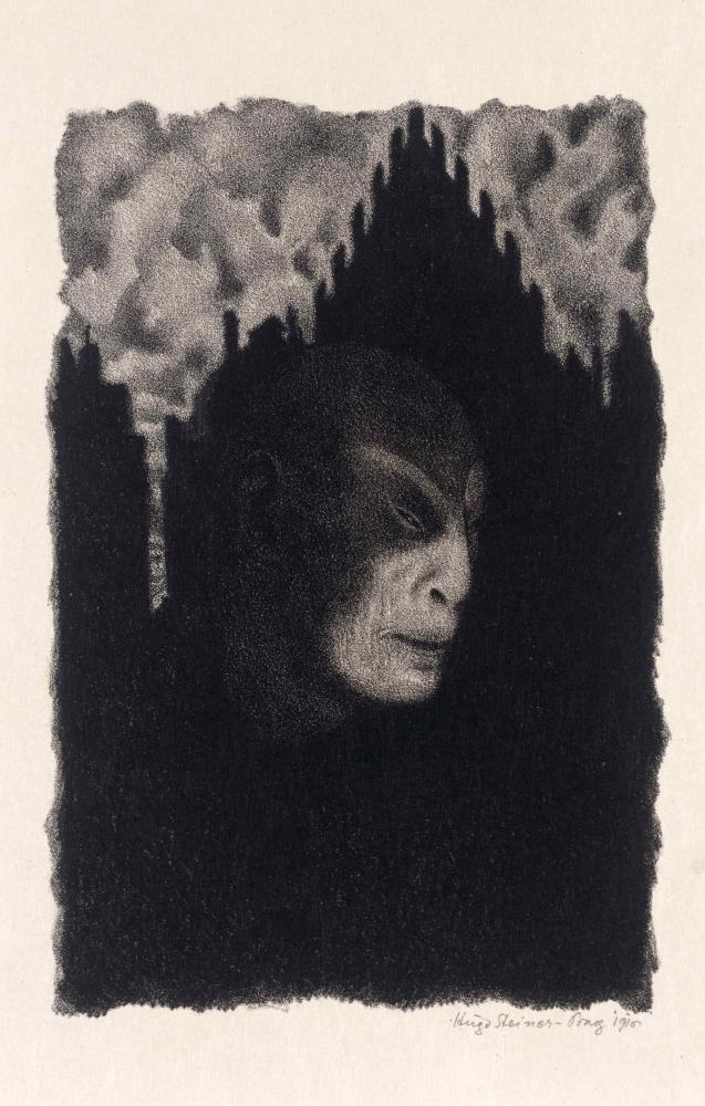 Black and white lithography of a louring face