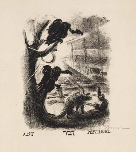 Lithograph print: Two vultures are perched on tree branches on the left side of the image. In the foreground, there is a wild dog with a striped tail, and in the background the suggestion of a city beneath a setting or rising sun.