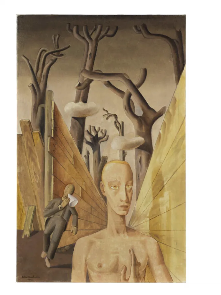 Painting with two people, abstract wooden walls and trees