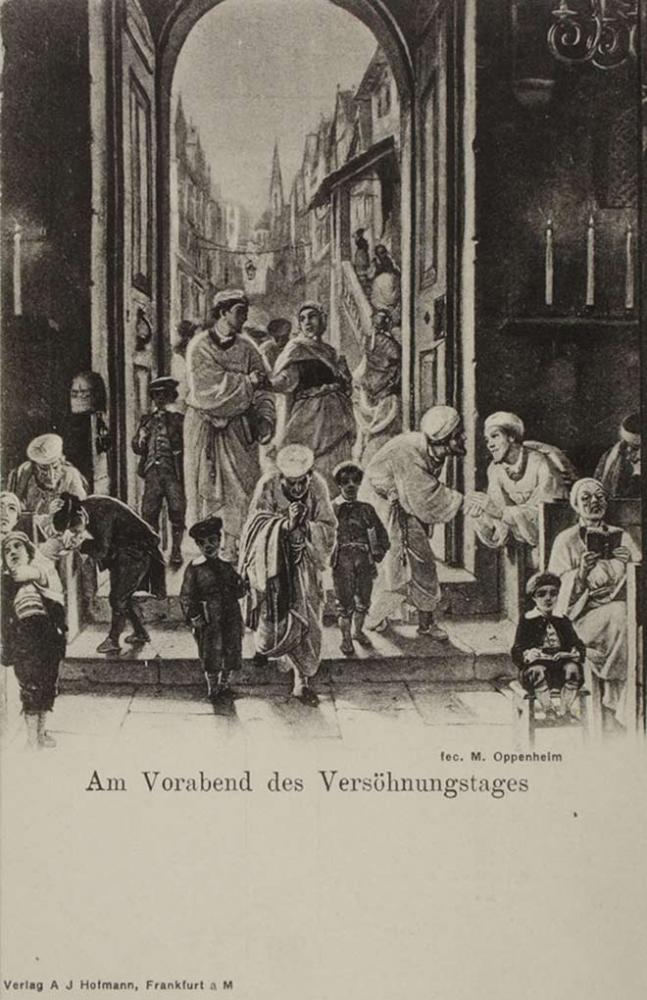 Lithografie auf Karton von Menschen, die durch das Eingangsportal in eine Synagoge gehen