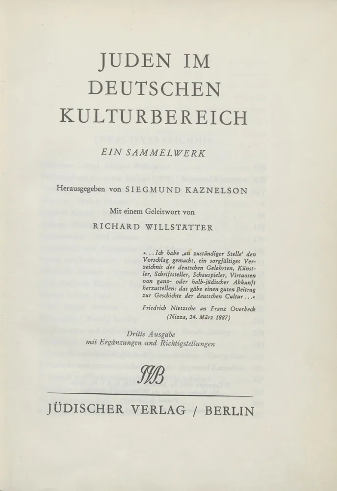 Die erste Seite, auch genannt Schmutztitel, des Buches: Juden im deutschen Kulturbereich.