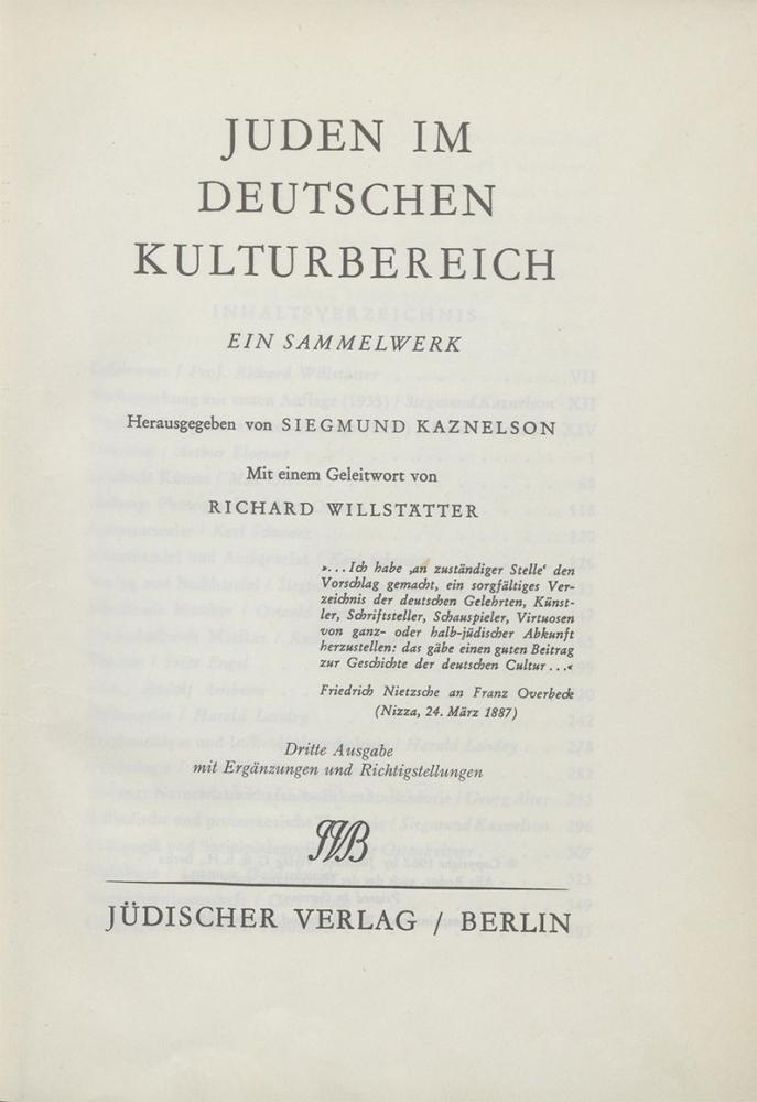 Title page of the book Juden im deutschen Kulturbereich.