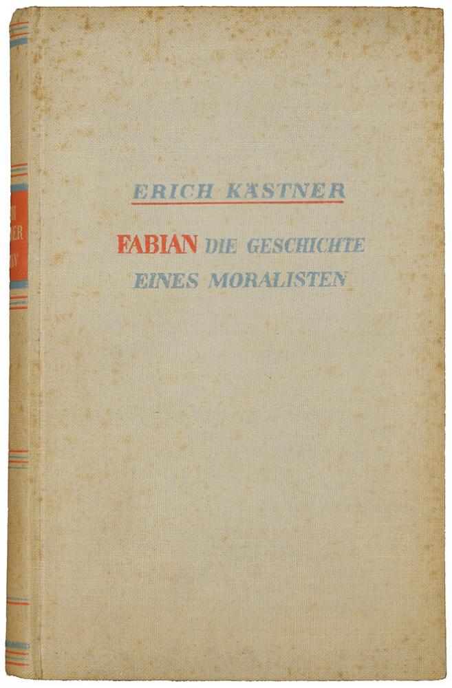 Book cover: bound in linen, inscribed with author, title and subtitle in red and light blue lettering