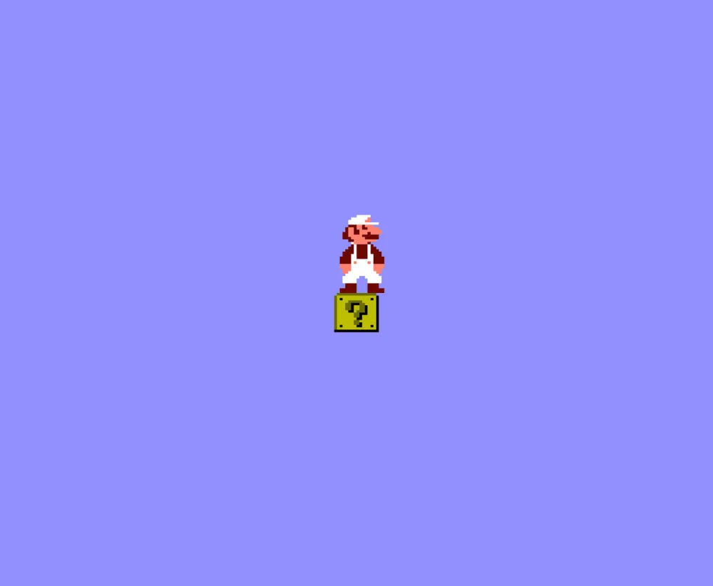 The video game character Mario on a square with a question mark on it against a blue background.