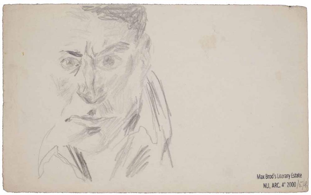 Pencil drawing of a male face looking directly at the viewer, stamp of Max Brod's Literary Estate at lower right.