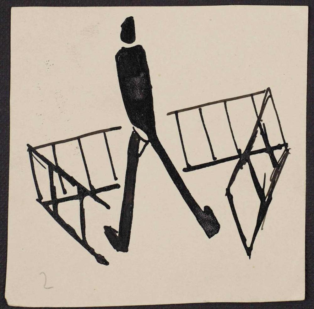 Ink drawing of a male standing in a kind of gate.