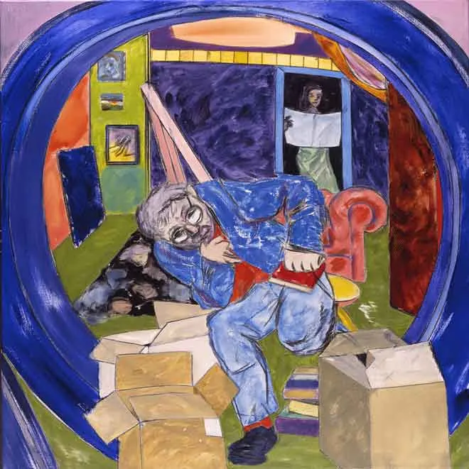 Painting of a gray haired man hunched over while grabbing his chest, he is holding a red book in his left hand and is surrounded by cardboard boxes