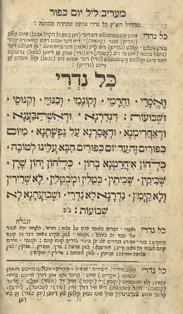 Buchseite mit dem Text des Kol Nidre in hebräischen Buchstaben