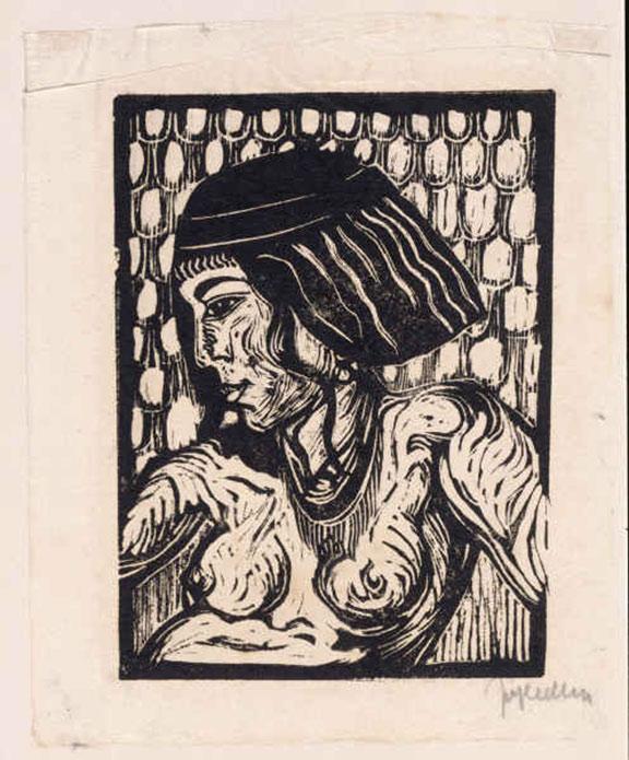 Woodcut on Japan paper: Chest-length portrait of a young, nude woman, her face shown in profile looking left