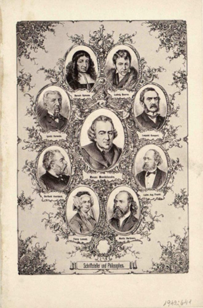 Mendelssohn im Kreis von Baruch Spinoza, Ludwig Boerne, Leopold Kompert, Ludwig August Frankl, Moritz Hartmann, Fanny Lewald, Berthold Auerbach und Ignatz Kuranda