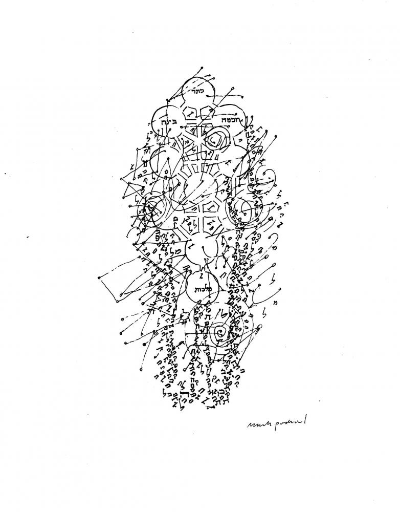 Tintenzeichnung aus hebräischen Schriftzeichen und geometrischen Formen.