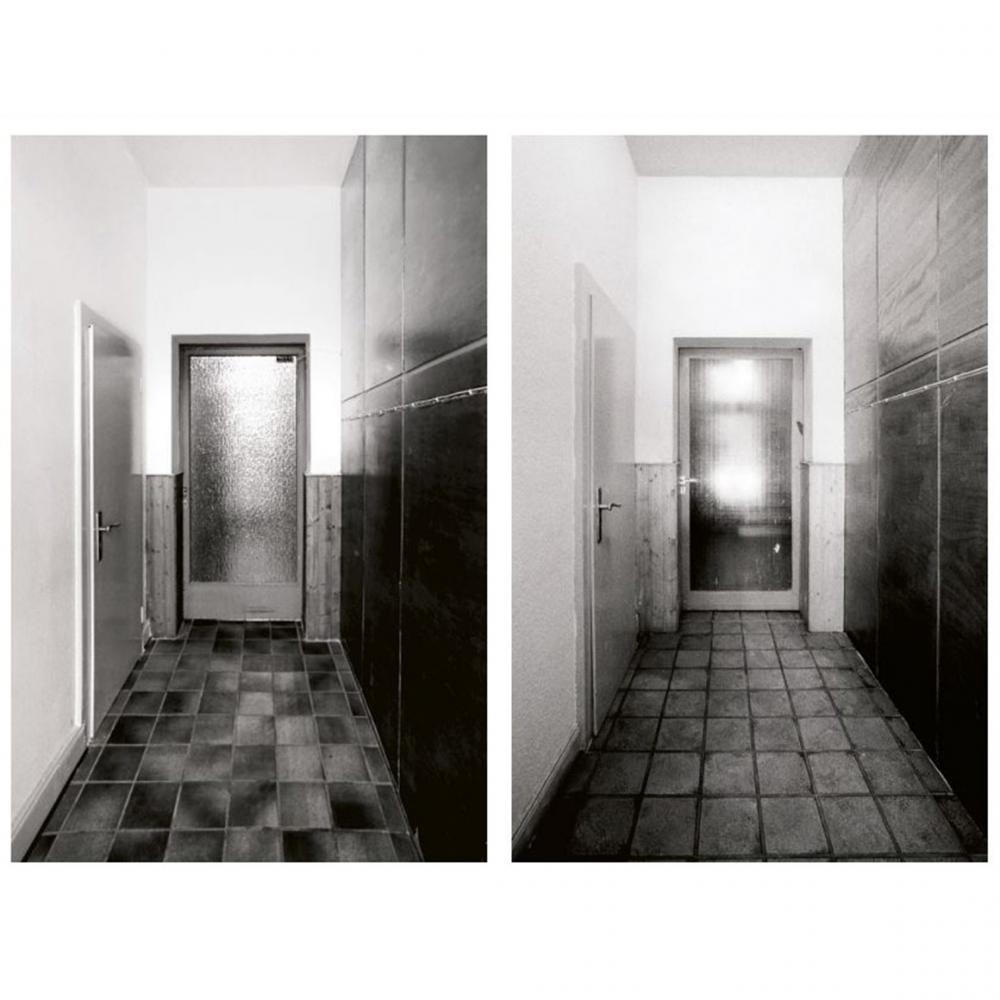 Black-and-white photographs of two relatively similar-looking tiled hallways leading to a door.