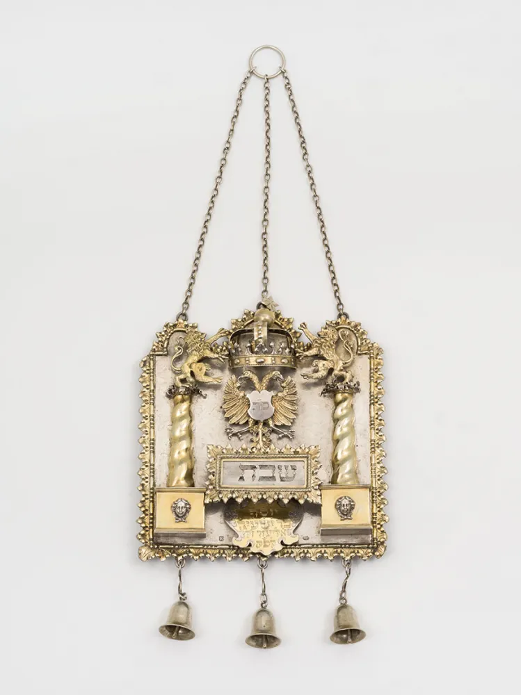 Silver and partially gold plated Torah shield with crown, lion and two-headed eagel