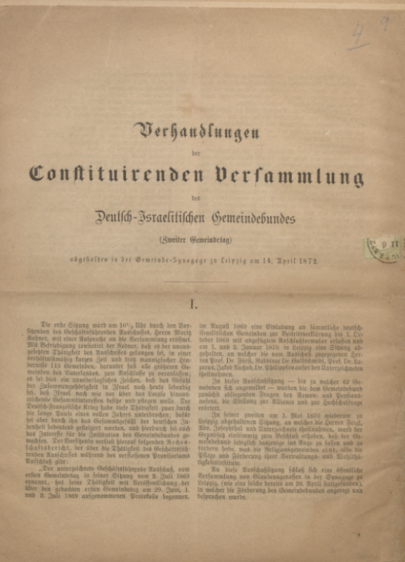 Titelseite der Schrift Verhandlungen der Constituirenden Versammlung des Deutsch-Israelitischen Gemeindebundes.