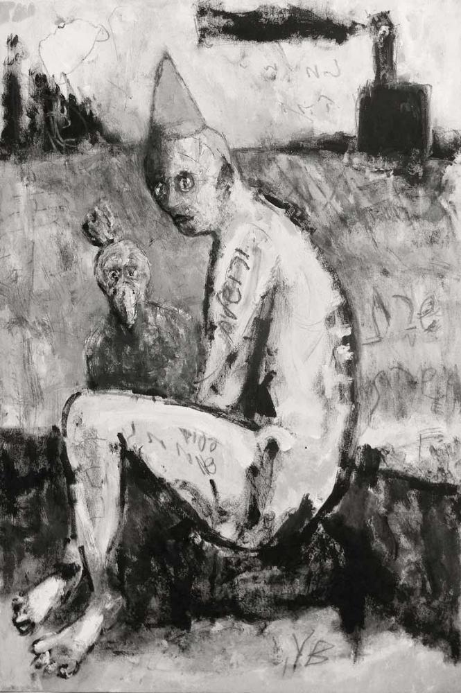 Black and white painting with a human, naked, seated figure with a conical hat and a bird next to him, a smoking chimney in the background.