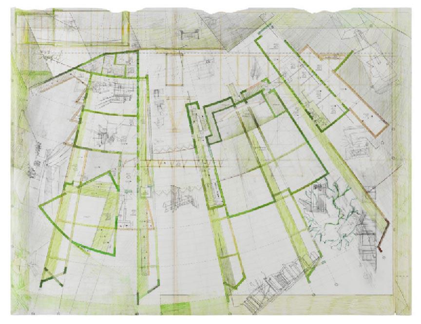 Design drawing in pencil and green tones with rays appearance