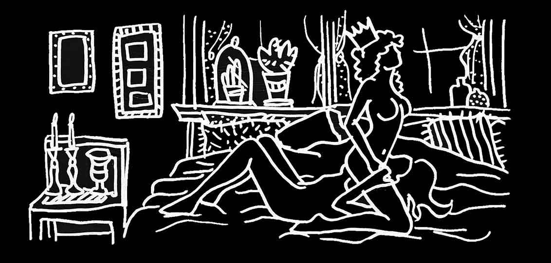Schwarz-weiße Grafik: zwei Frauen beim Geschlechtsakt. Auf einem Stuhl stehen zwei Kerzen und ein Becher zum Schabbat.