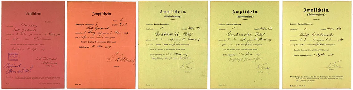 Five vaccine certificates, two of them red and three green