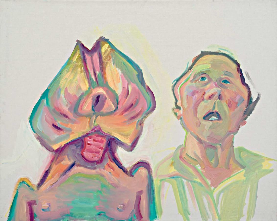 Colorful painting with two portraits side by side: on the left with bare breasts and a head reminiscent of a flower/vulva, on the right with a shirt and human head.