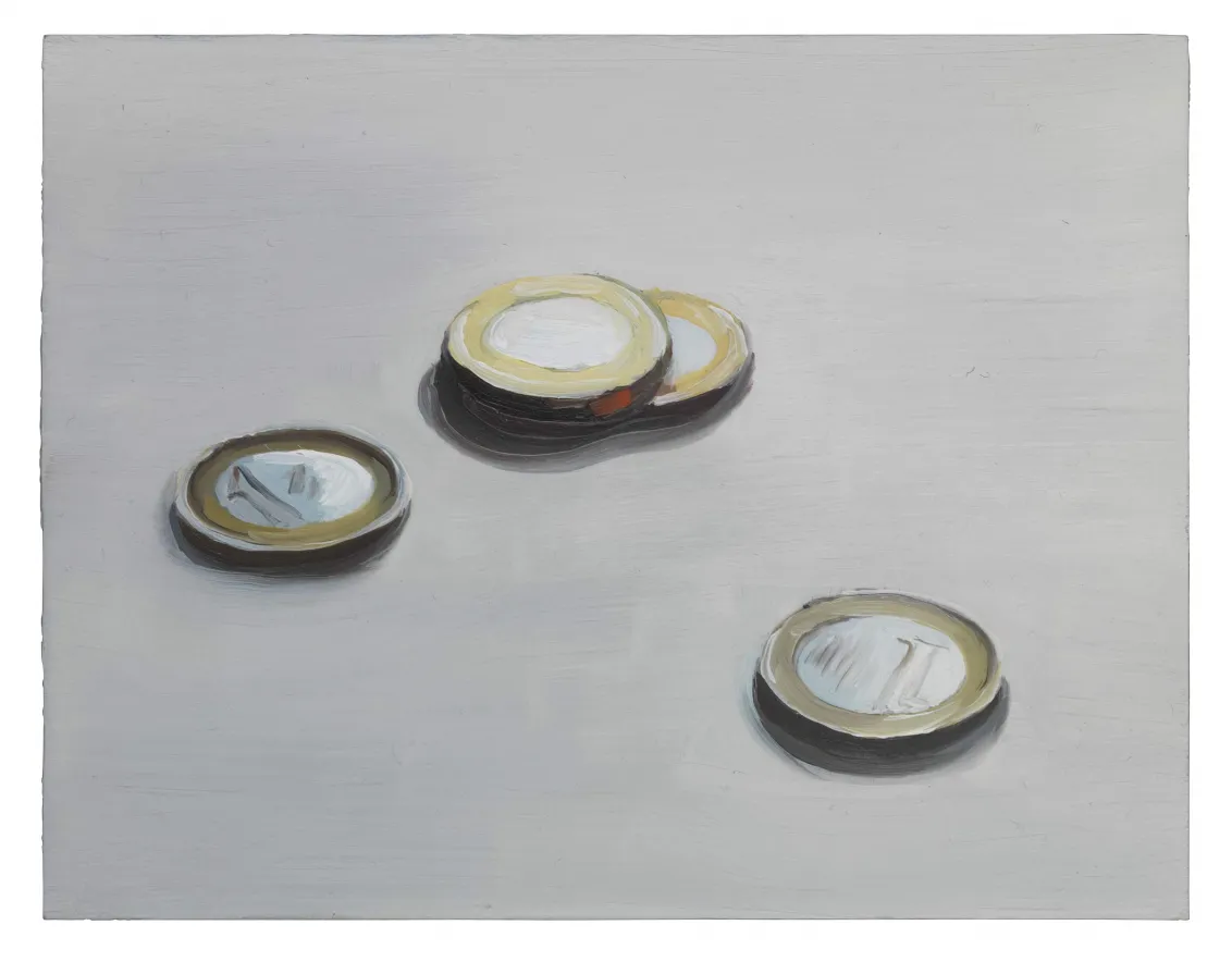 Painting of four silver and gold Euro coins on a white table