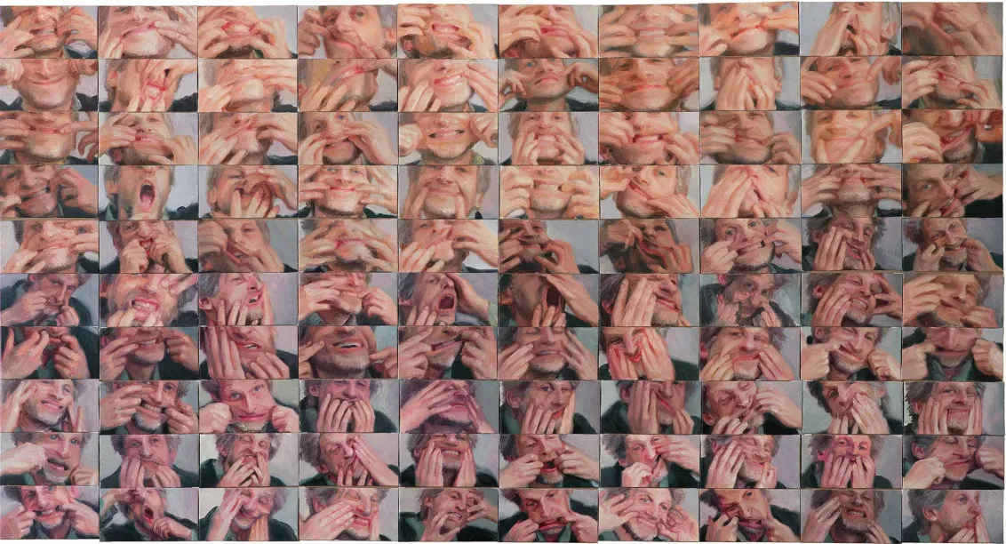 Multiple panels of photographic close ups of a man using his hands in several different poses to stretch out the skin of his face