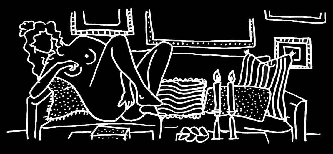 Black and white graphic: a woman masturbating on a sofa. Next to it are two candles and a yeast plait for Shabbat.