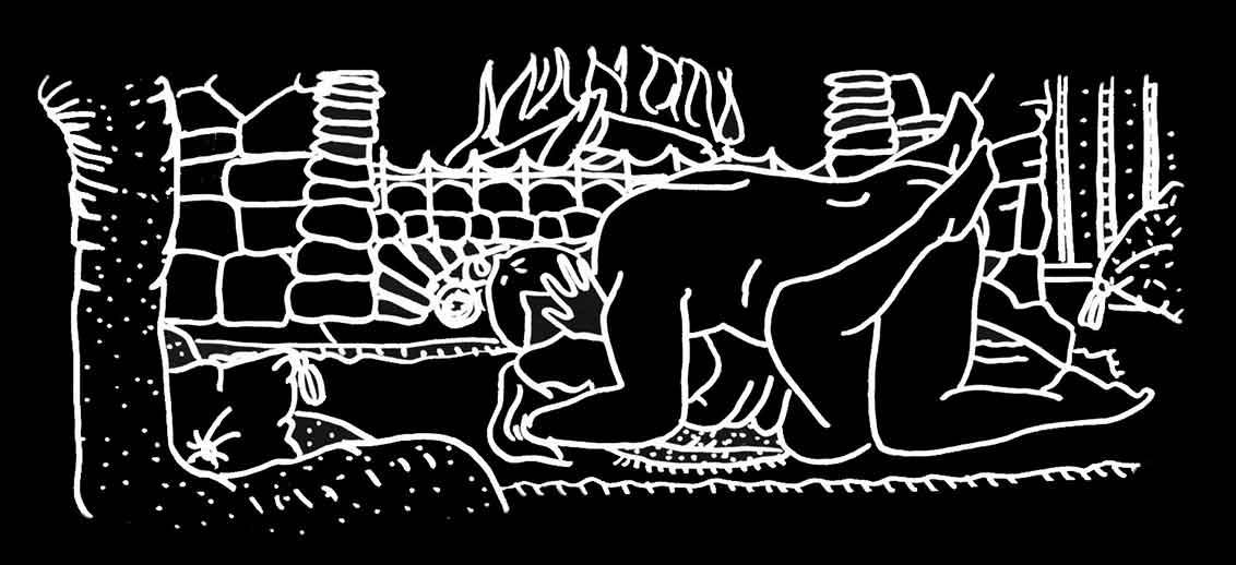 Schwarz-weiß Grafik: zwei Menschen beim Geschlechtsakt vor einem brennenden Kamin.