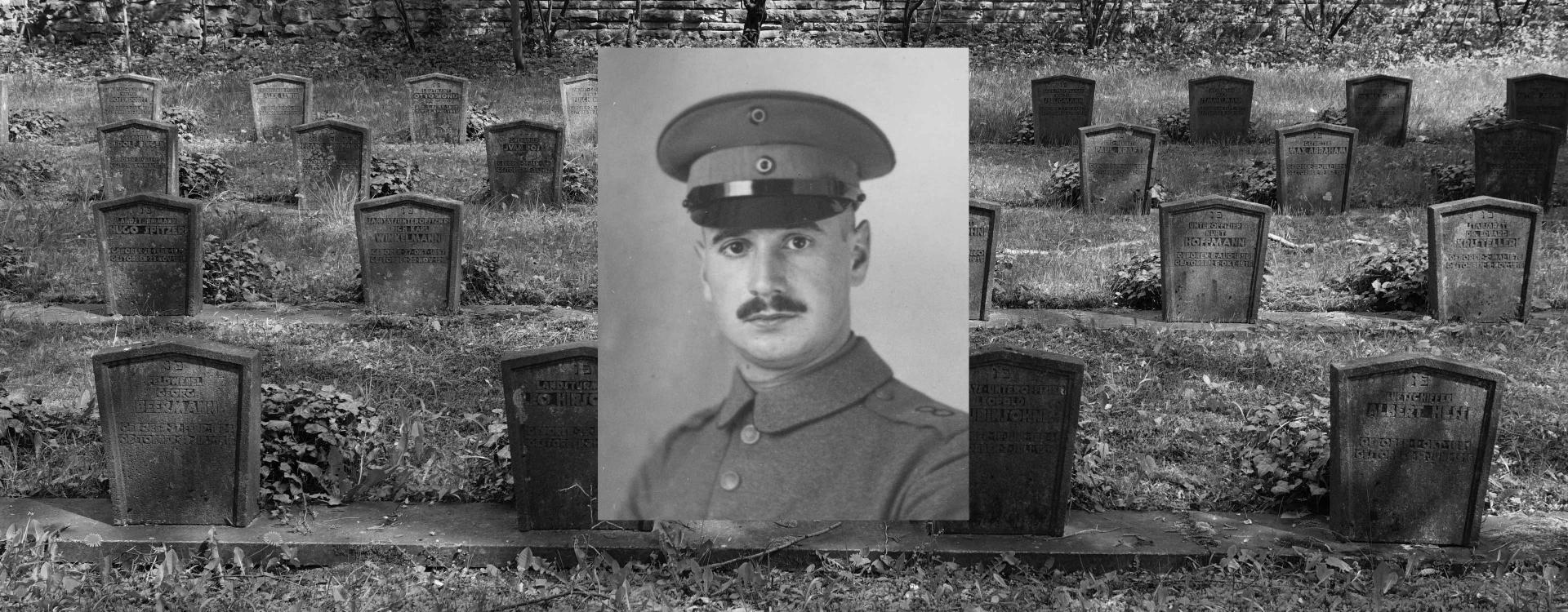 Gravestones in a cemetery, above them the portrait of a man.